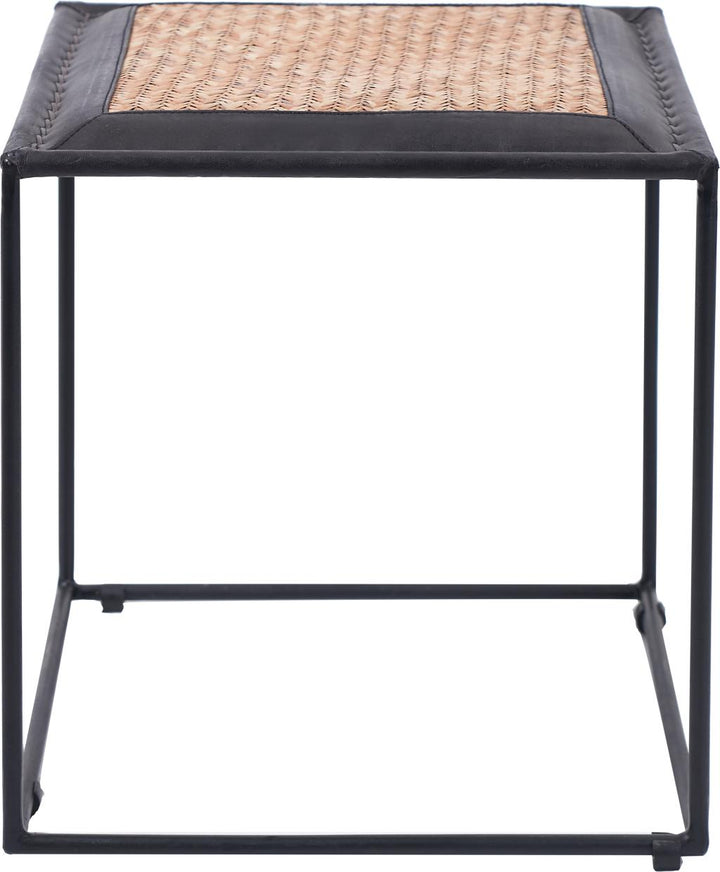 Ezio Black Leather, Natural Rattan and Black Metal Stool