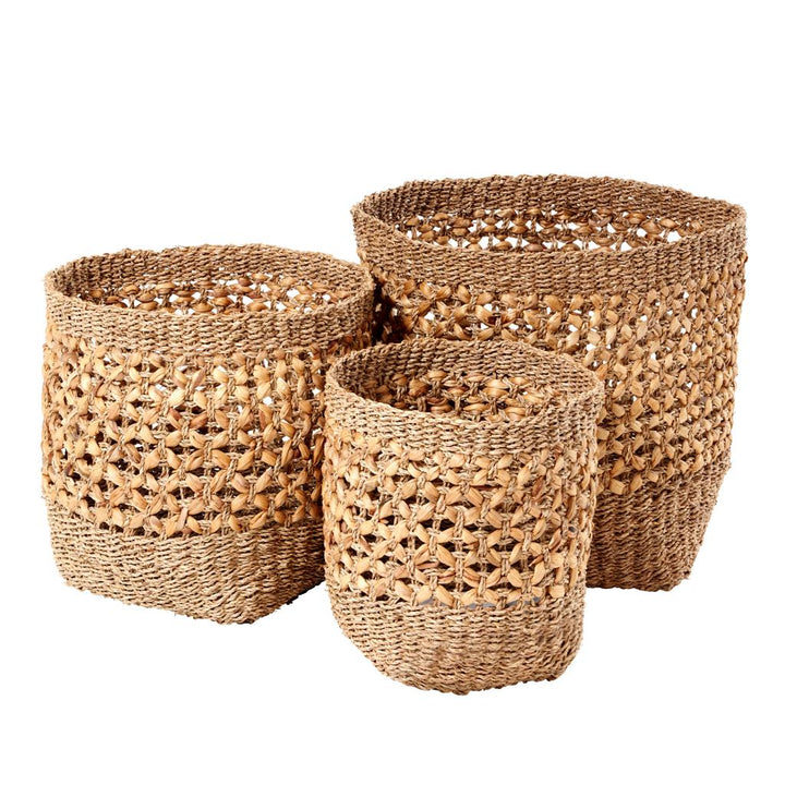 S/3 Seagrass and Water Hyacinth Natural Tall Round Baskets