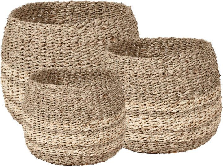 S/3 2-Tone Seagrass and Palm Leaf Natural Round Baskets