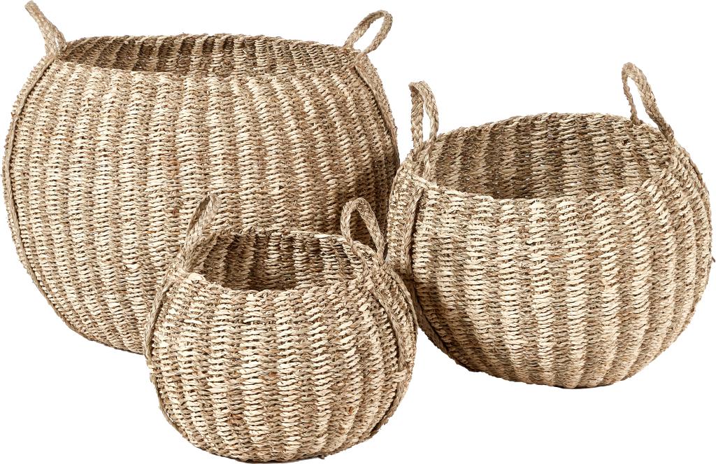 S/3 Seagrass and Palm Leaf Natural Striped Round Baskets