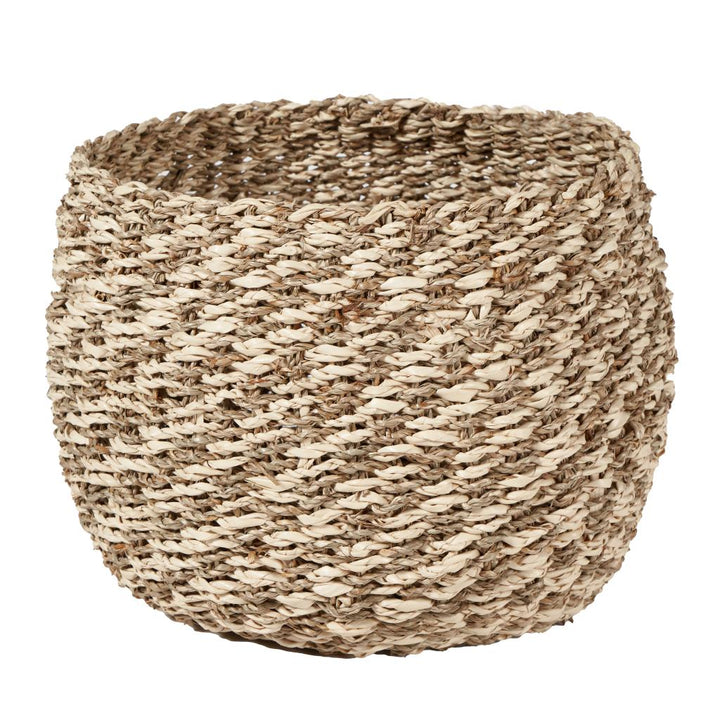 S/3 Seagrass and Palm Leaf 2-Tone Natural Plaited Round Baskets