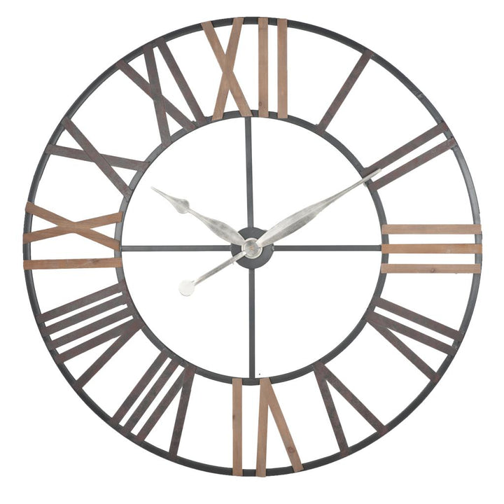 Natural Wood and Antique Grey Metal Round Wall Clock Large