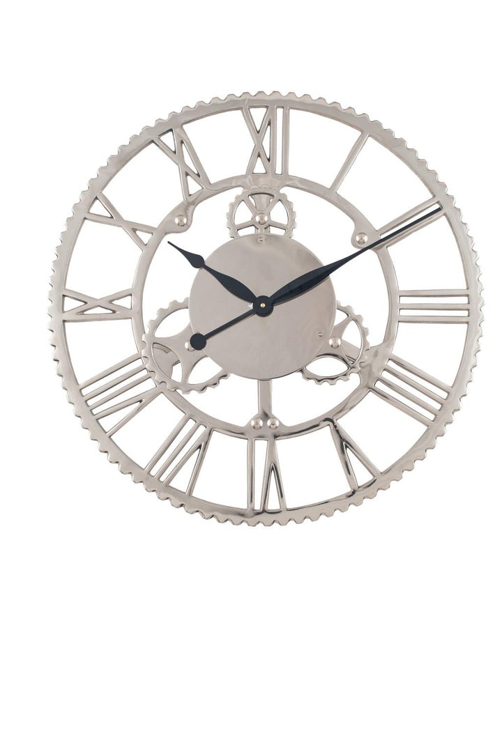 Silver Metal Cog Design Round Wall Clock Large