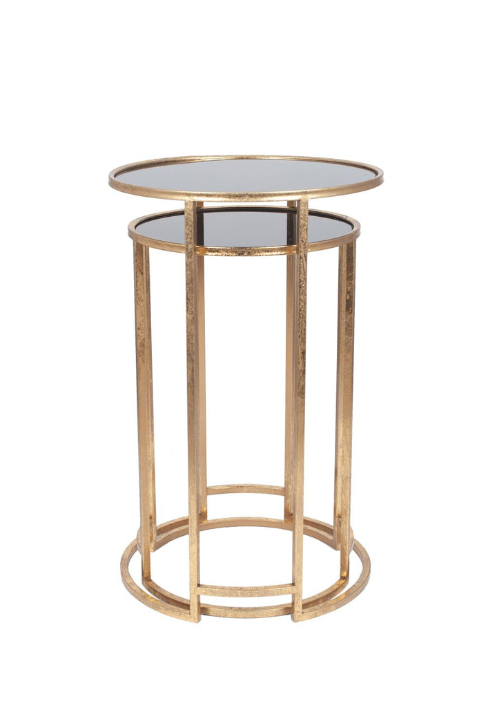 Veneziano S/2 Antique Gold Metal and Black Glass Side Tables