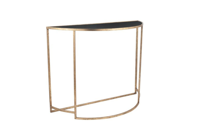 Veneziano Antique Gold Metal and Black Glass Half Moon Console Table