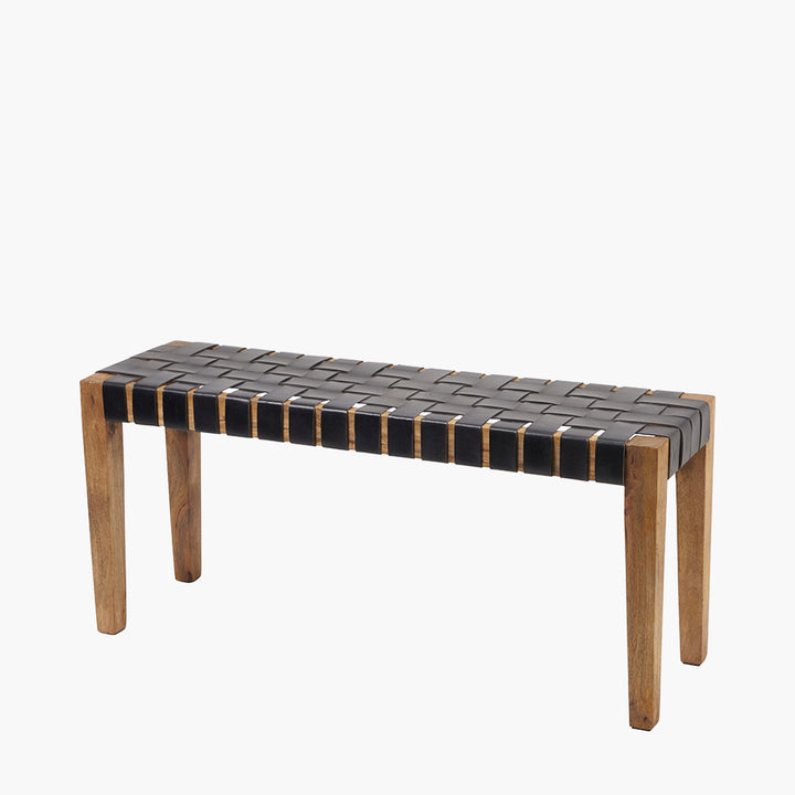 Claudio S/3 Black Leather and Mango Wood Bench and Stools