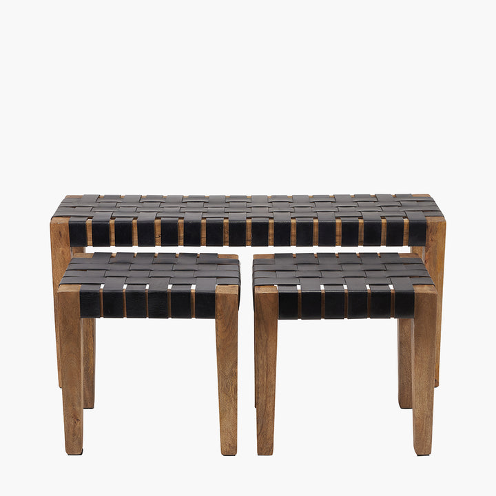 Claudio S/3 Black Leather and Mango Wood Bench and Stools