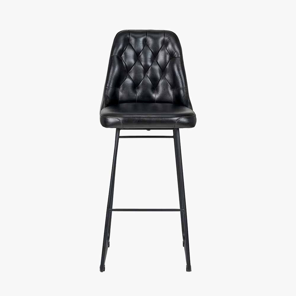 Camillo Ash Black Leather and Black Metal Diamond Back Bar Stool