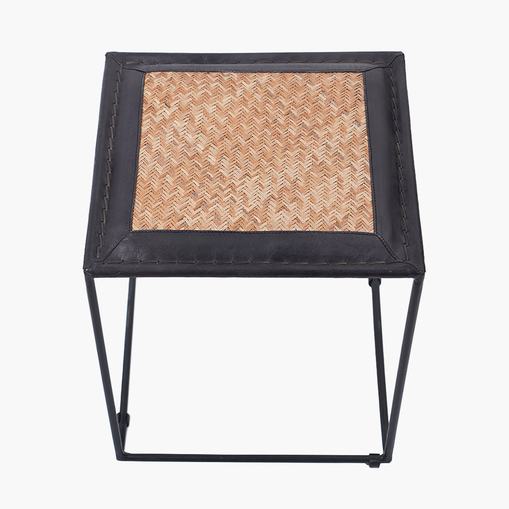 Ezio Black Leather, Natural Rattan and Black Metal Stool