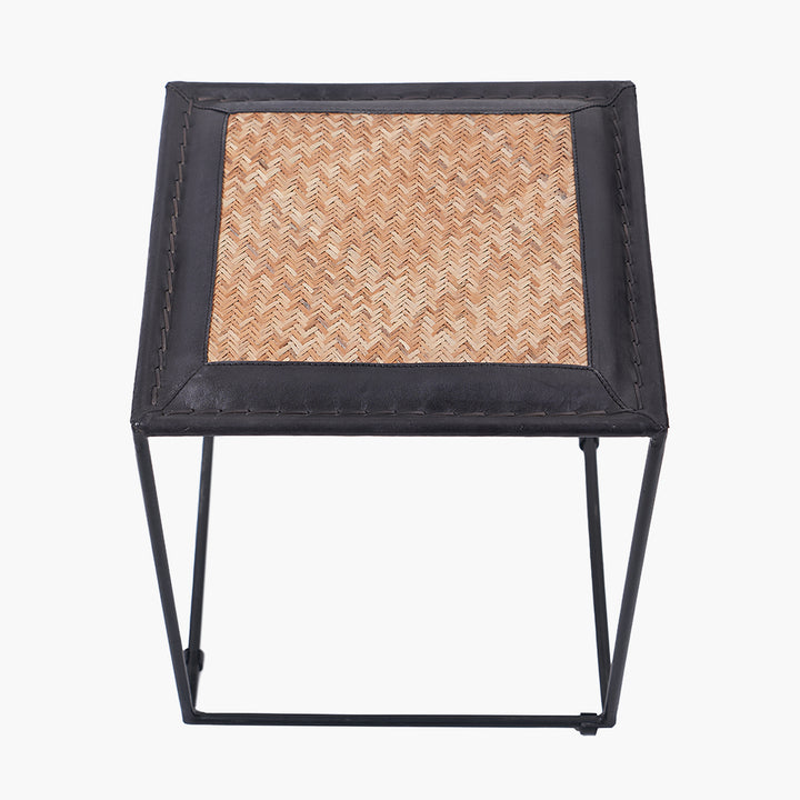 Ezio Black Leather, Natural Rattan and Black Metal Stool