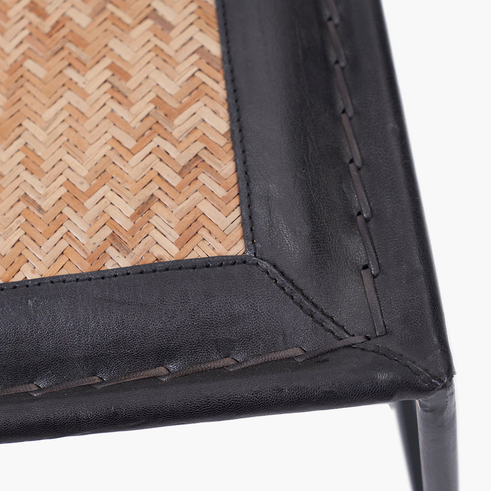 Ezio Black Leather, Natural Rattan and Black Metal Stool