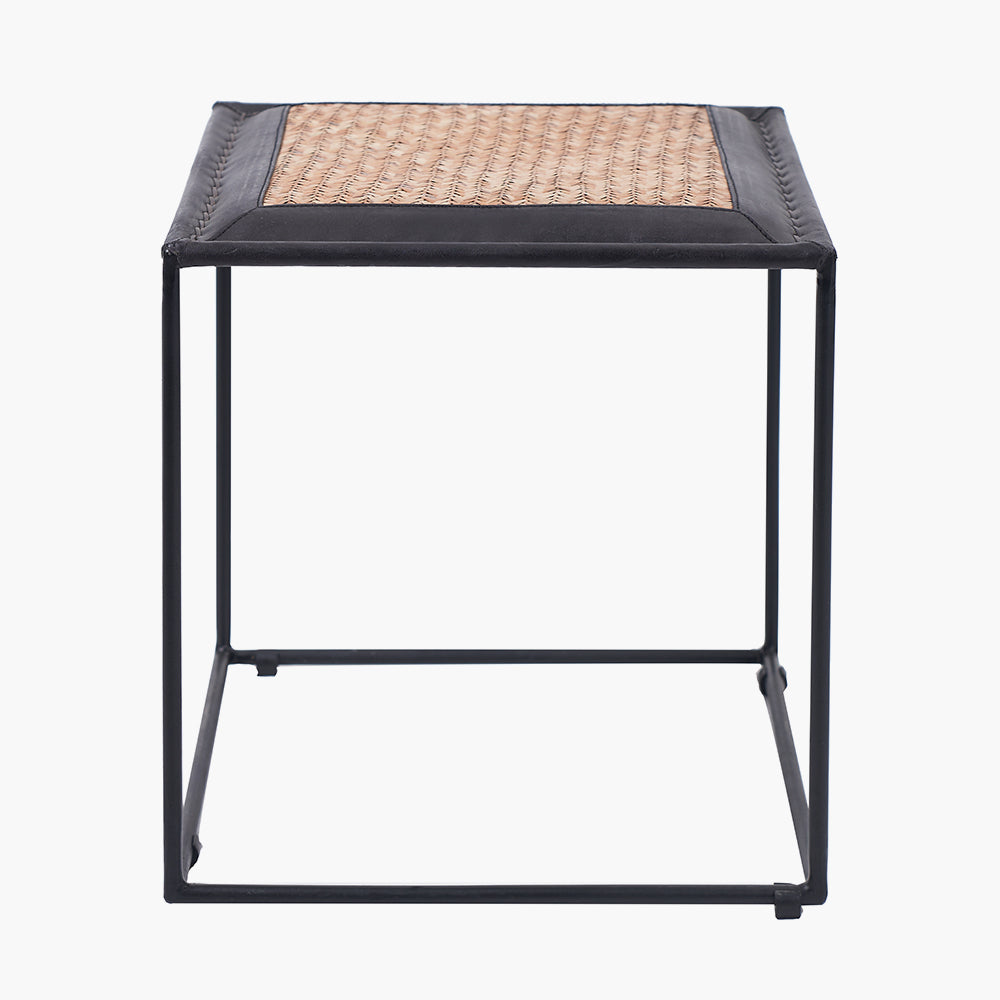 Ezio Black Leather, Natural Rattan and Black Metal Stool