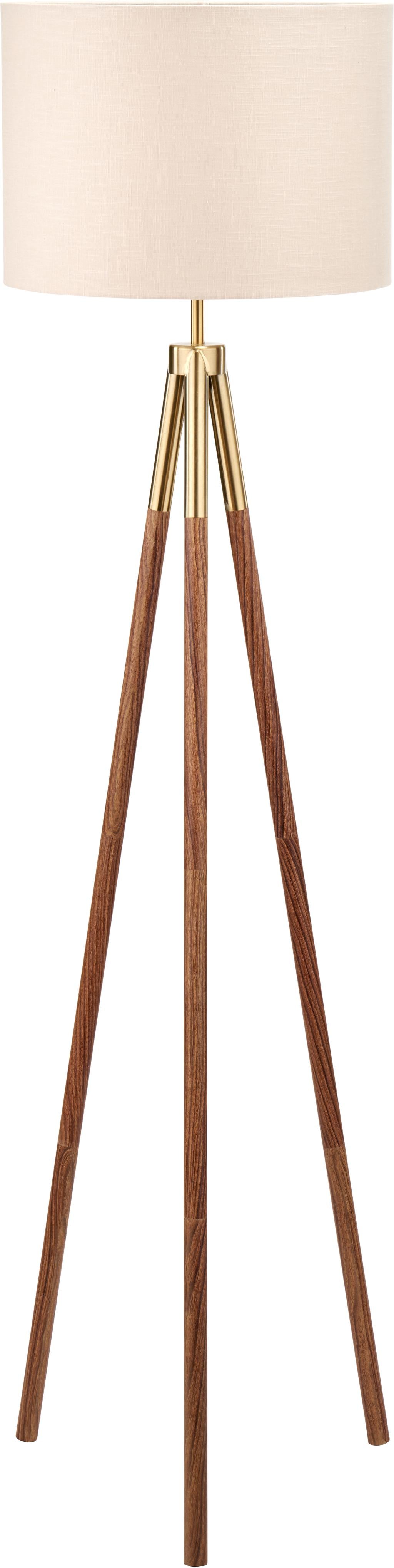 Vali Gold Metal and Brown Wood Grain Tripod Floor Lamp