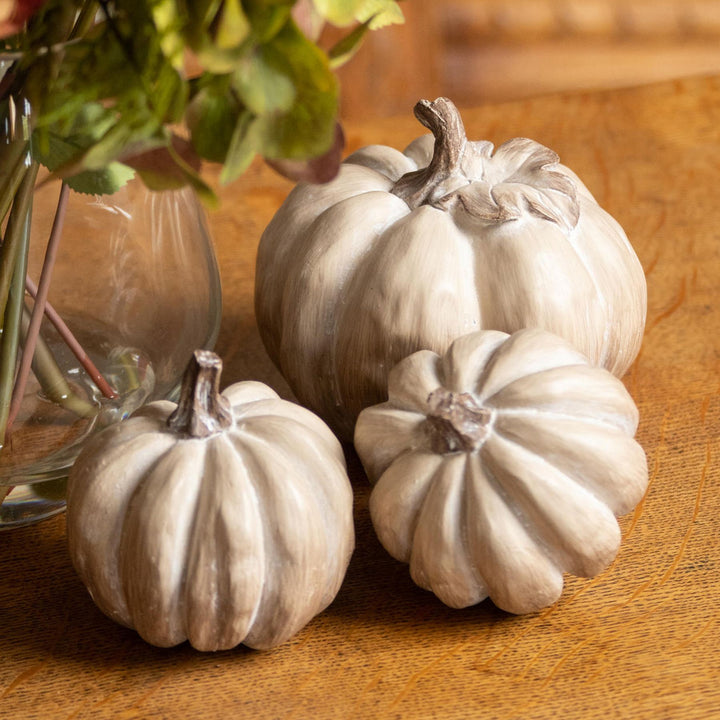 Set Of Three Carved Wood Effect Pumpkins