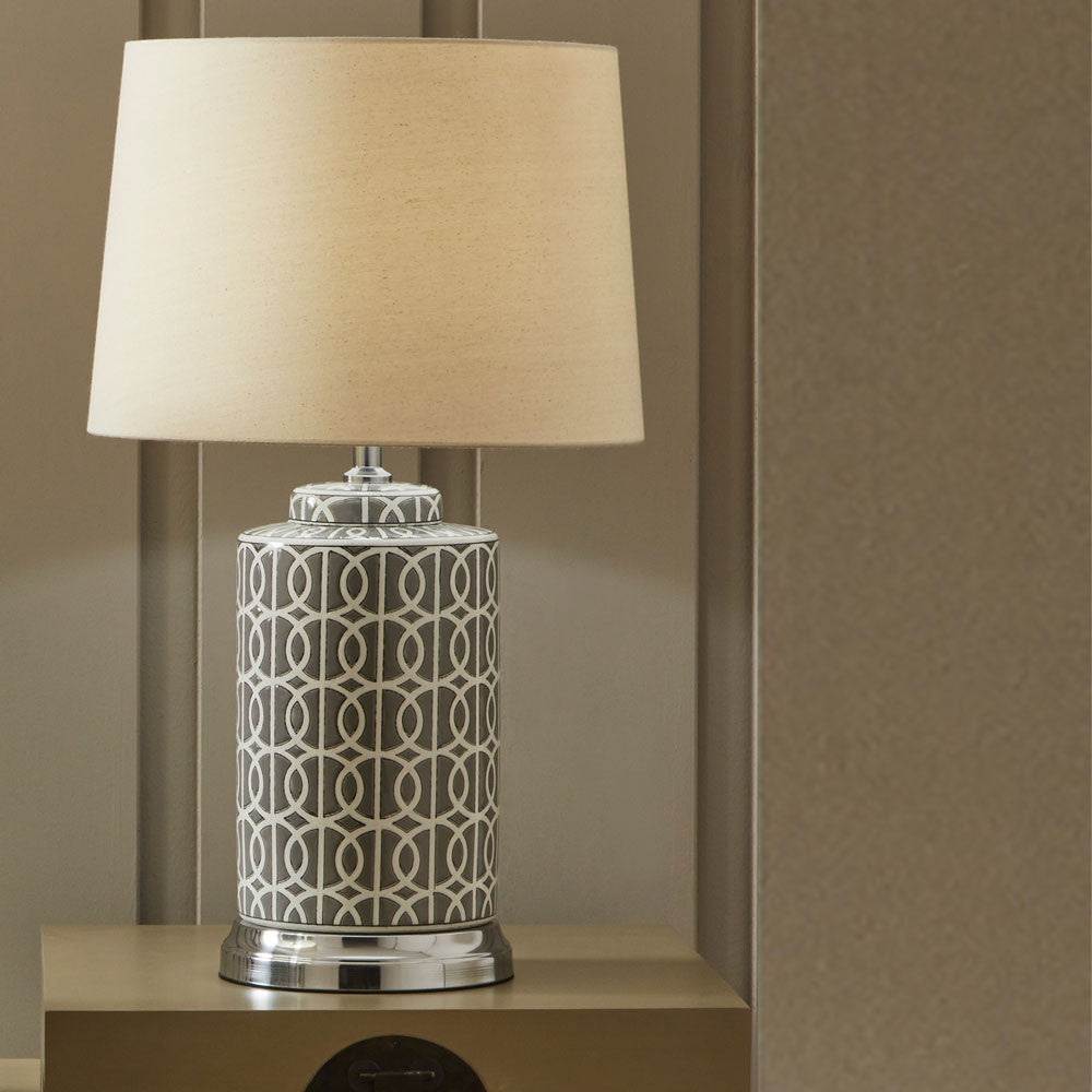 Aris Tall Grey and White Geo Pattern Table Lamp