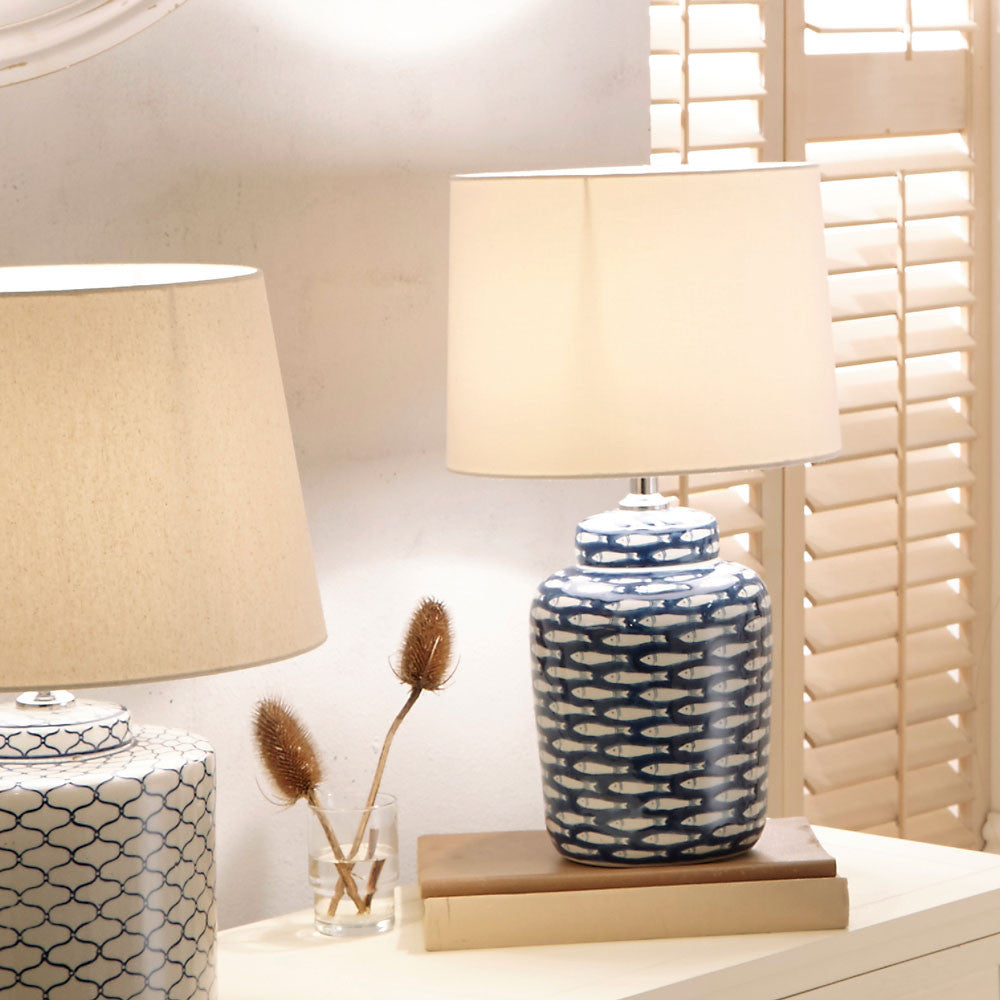 Schoal Blue and White Fish Detail Ceramic Table Lamp