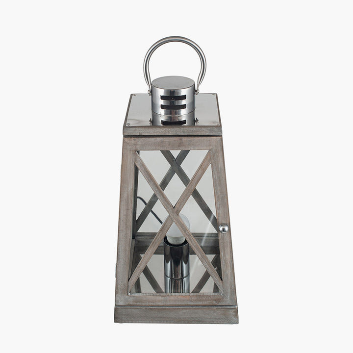 Devon Grey Wood and Chrome Lantern Table Lamp