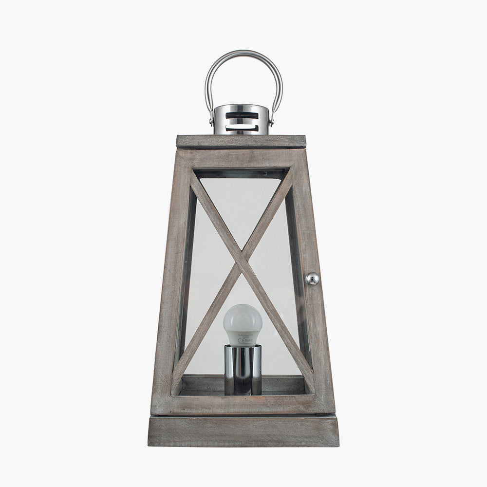 Devon Grey Wood and Chrome Lantern Table Lamp