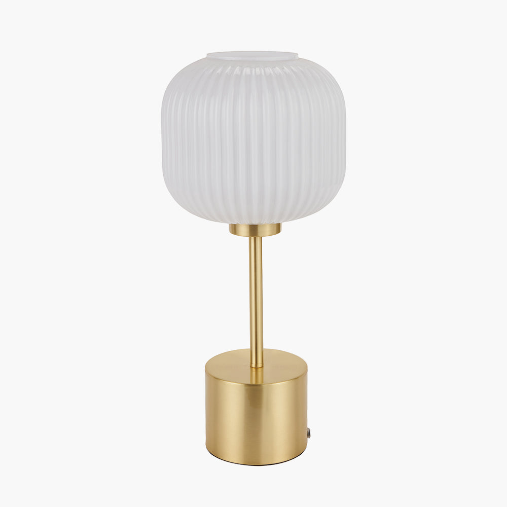 Bella White Ribbed Glass and Gold Metal Squoval Table Lamp