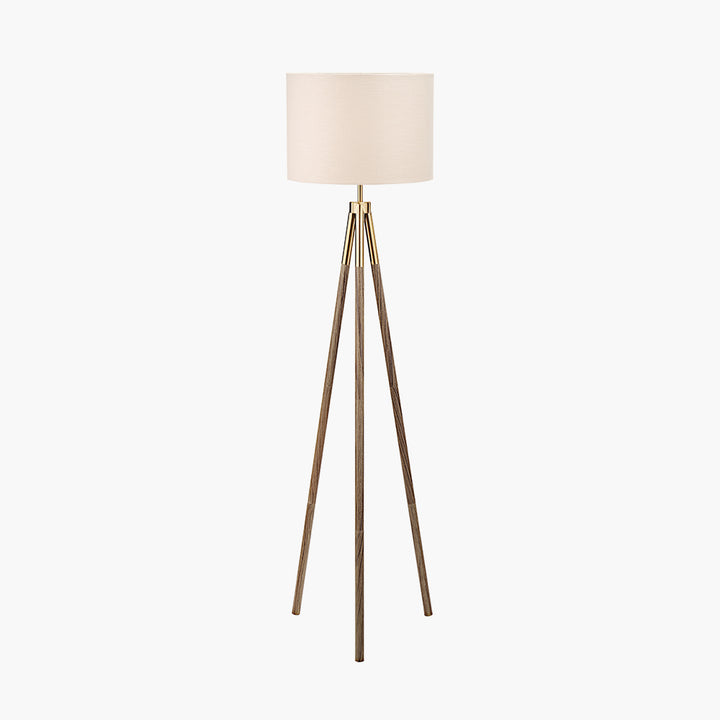 Vali Gold Metal and Brown Wood Grain Tripod Floor Lamp