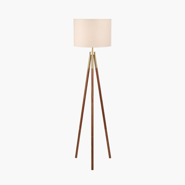 Vali Gold Metal and Brown Wood Grain Tripod Floor Lamp