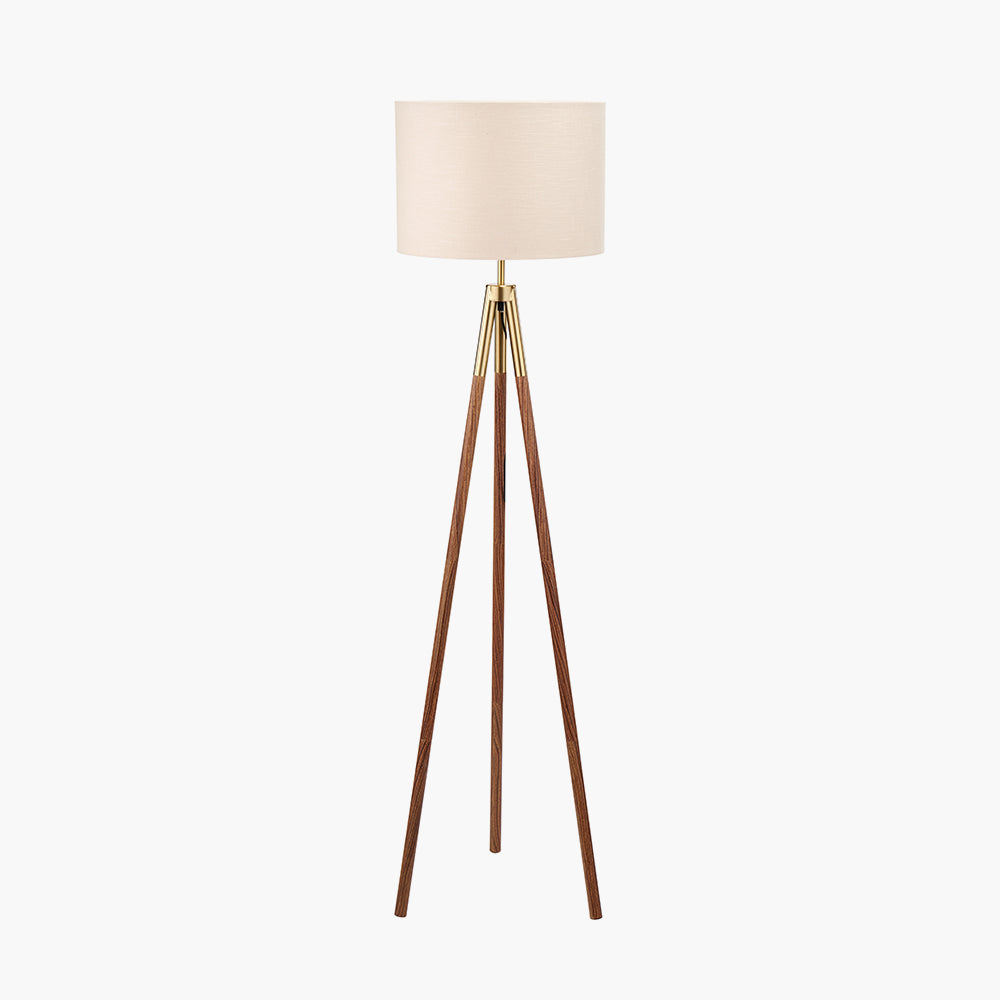 Vali Gold Metal and Brown Wood Grain Tripod Floor Lamp