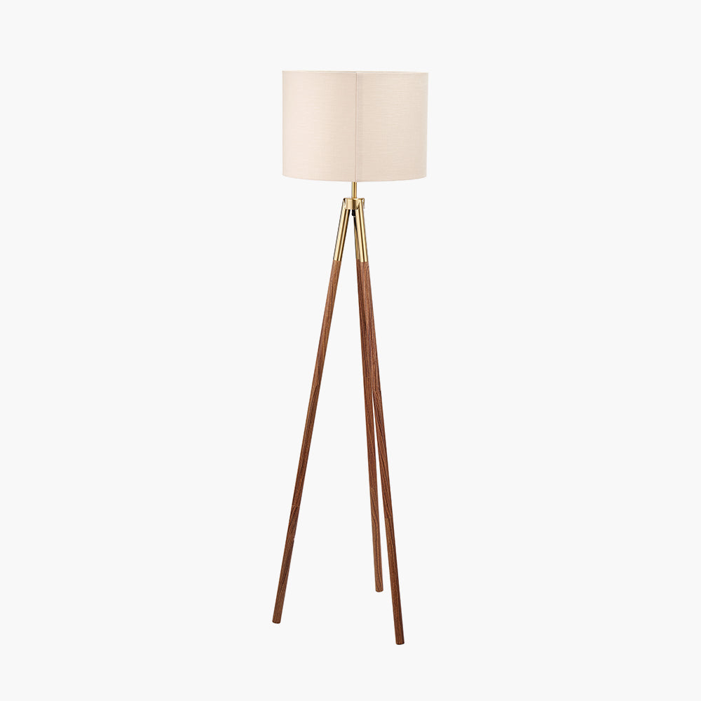 Vali Gold Metal and Brown Wood Grain Tripod Floor Lamp