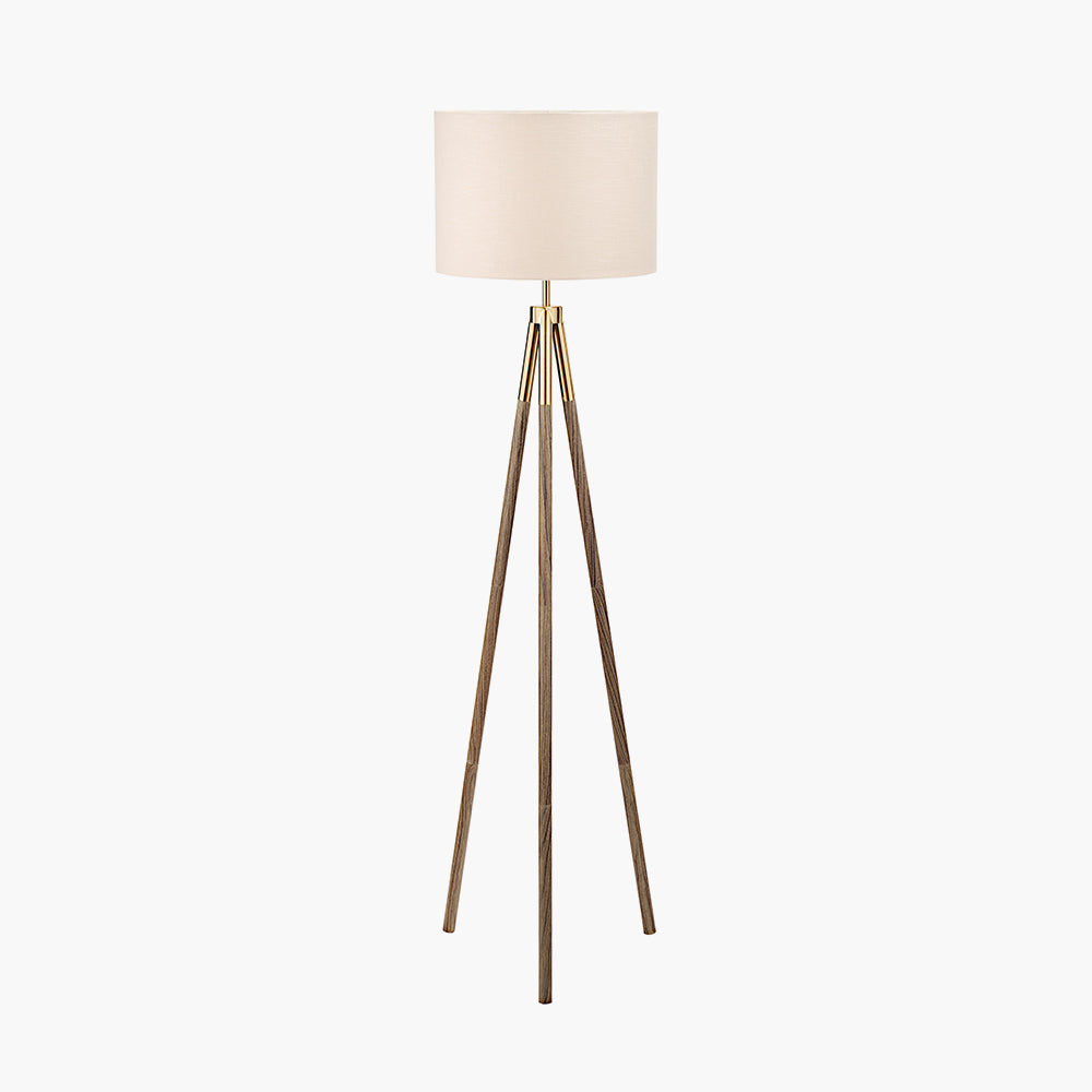 Vali Gold Metal and Brown Wood Grain Tripod Floor Lamp