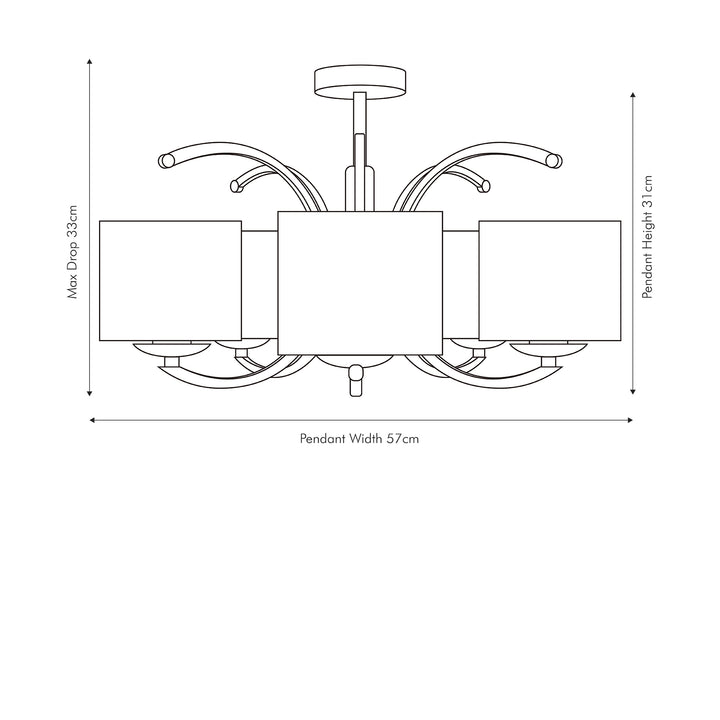 Arcadia Silver Metal Curved 5 Arm Semi Flush Pendant