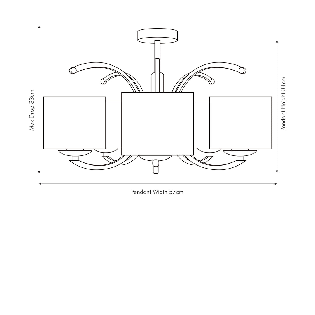 Arcadia Silver Metal Curved 5 Arm Semi Flush Pendant