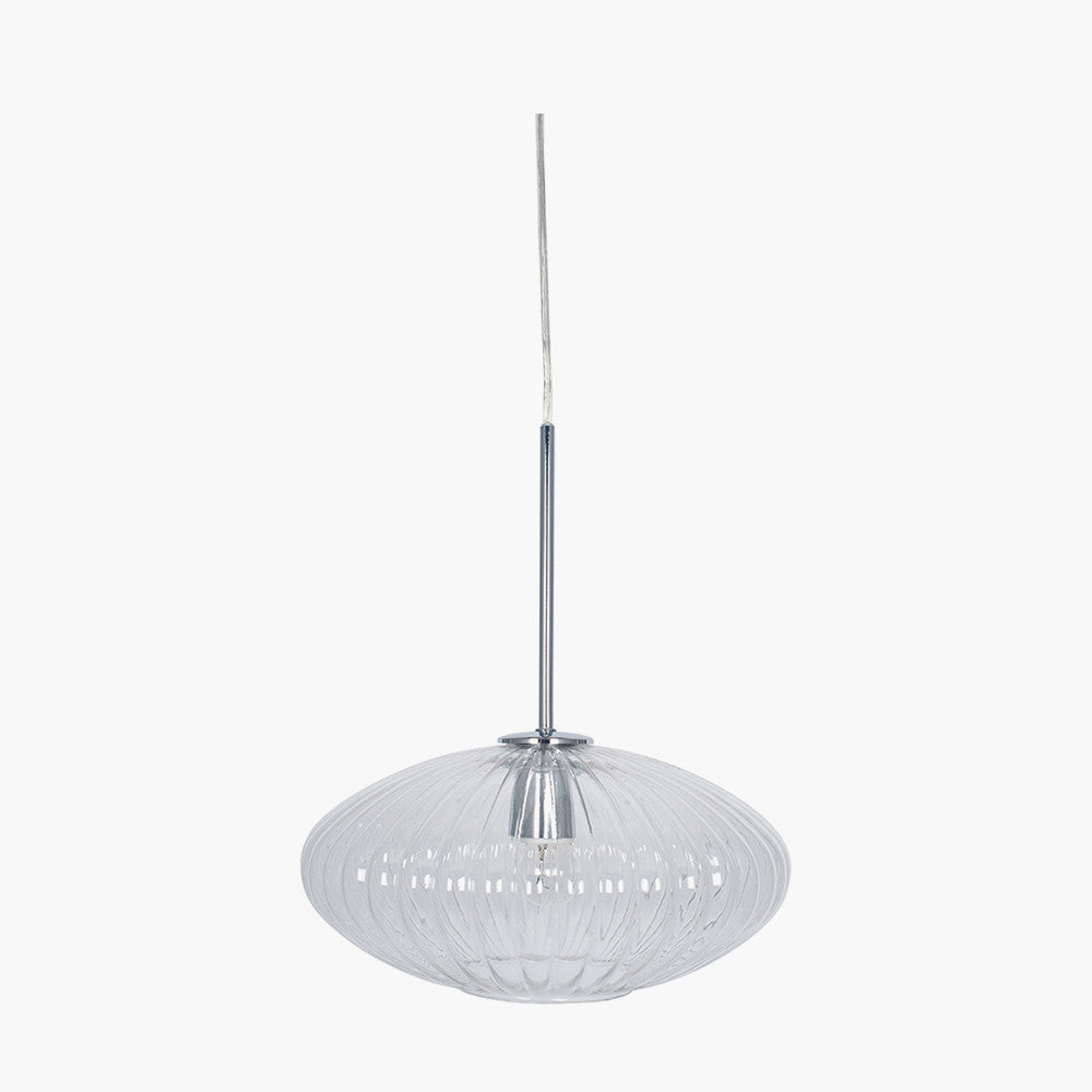 Emilia Clear Glass and Silver Metal Ribbed Oval Pendant