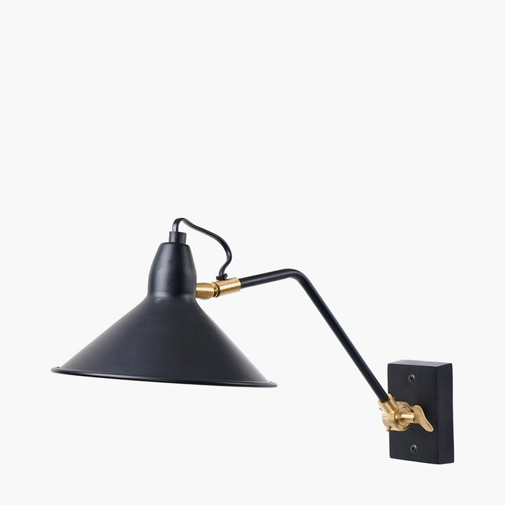 Canton Matt Black and Brass Metal Cone Wall Light