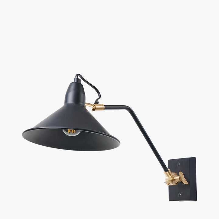 Canton Matt Black and Brass Metal Cone Wall Light