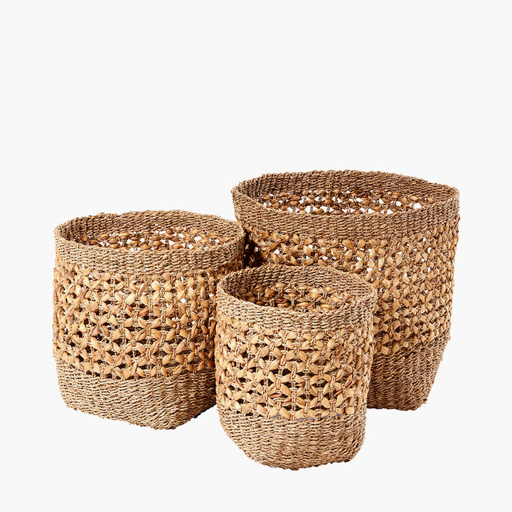 S/3 Seagrass and Water Hyacinth Natural Tall Round Baskets