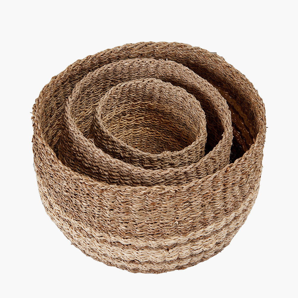 S/3 2-Tone Seagrass and Palm Leaf Natural Round Baskets