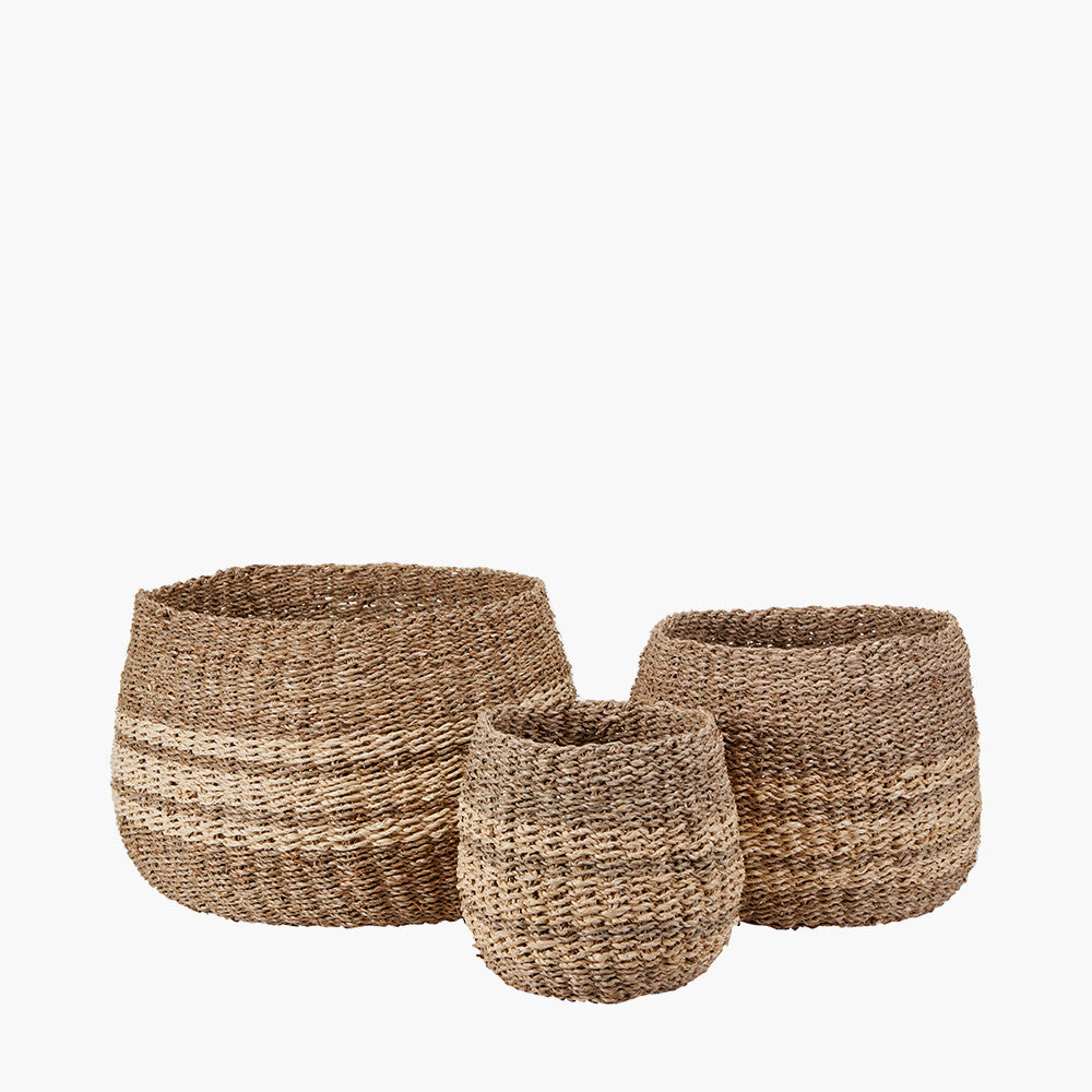 S/3 2-Tone Seagrass and Palm Leaf Natural Round Baskets