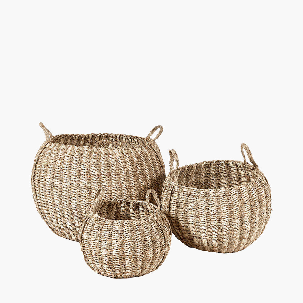 S/3 Seagrass and Palm Leaf Natural Striped Round Baskets