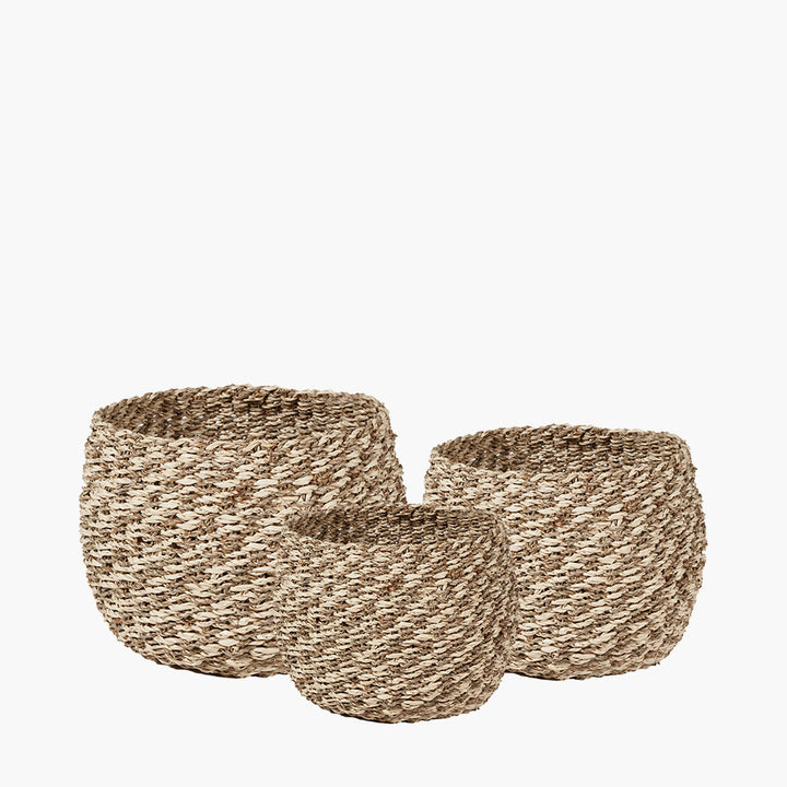 S/3 Seagrass and Palm Leaf 2-Tone Natural Plaited Round Baskets