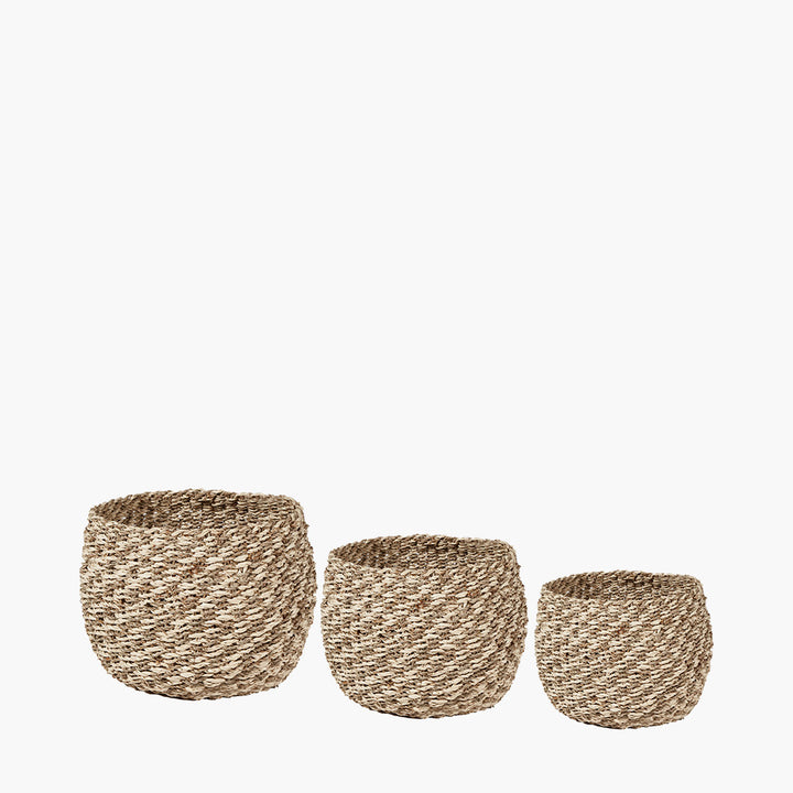 S/3 Seagrass and Palm Leaf 2-Tone Natural Plaited Round Baskets