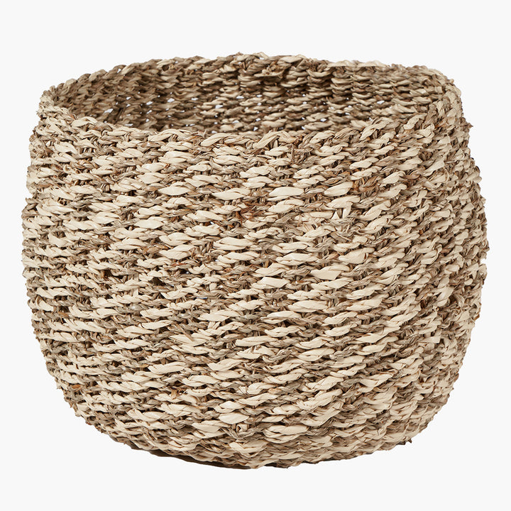 S/3 Seagrass and Palm Leaf 2-Tone Natural Plaited Round Baskets