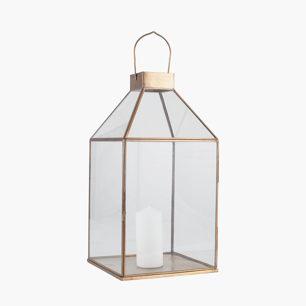 Shiny Brass Metal and Glass Square Lantern