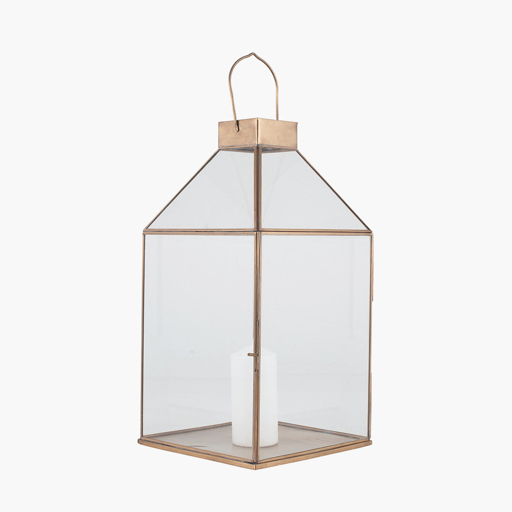 Shiny Brass Metal and Glass Square Lantern