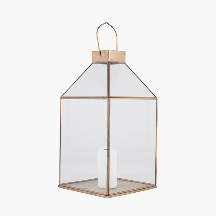 Shiny Brass Metal and Glass Square Lantern