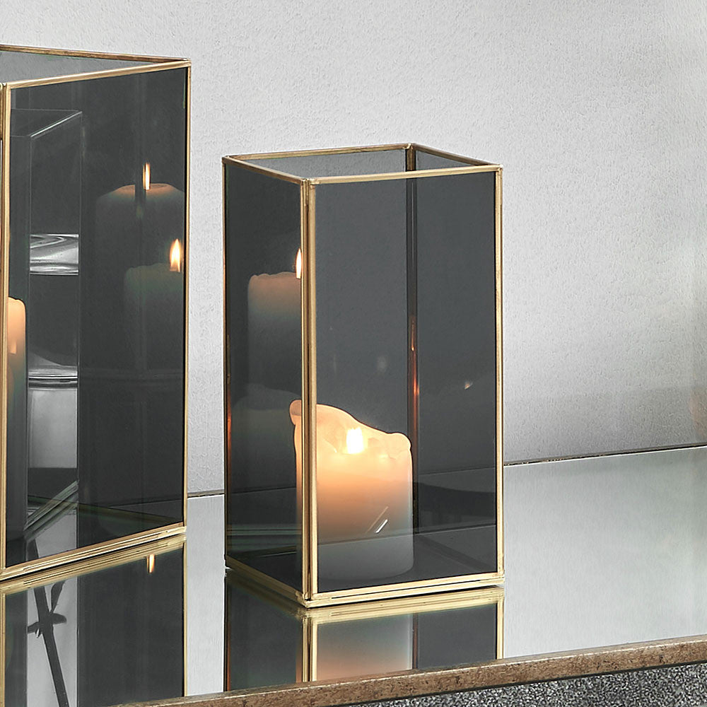 Brass Metal and Smoked Glass Panelled Square Hurricane Medium