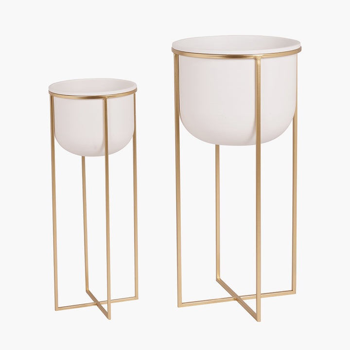 S/2 White and Gold Metal Planters