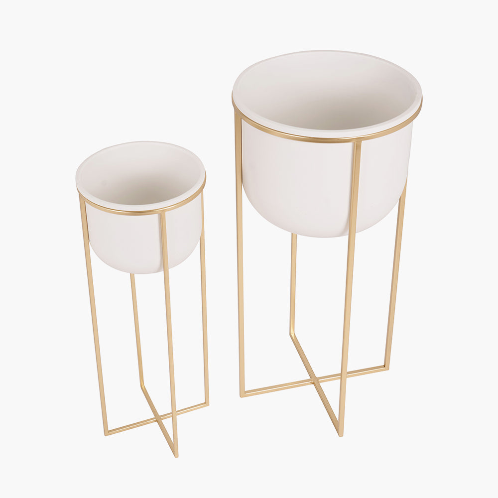 S/2 White and Gold Metal Planters