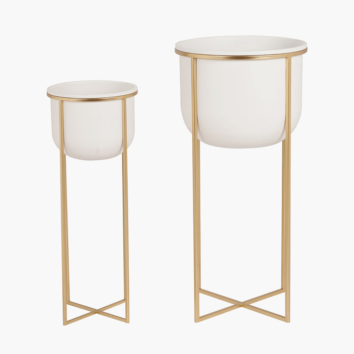 S/2 White and Gold Metal Planters