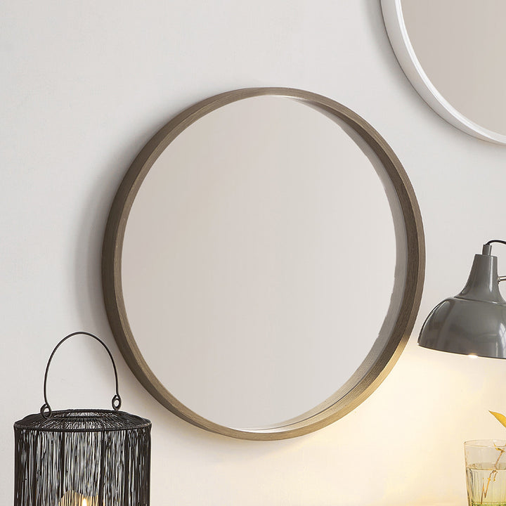 Natural Wood Veneer Slim Frame Round Wall Mirror