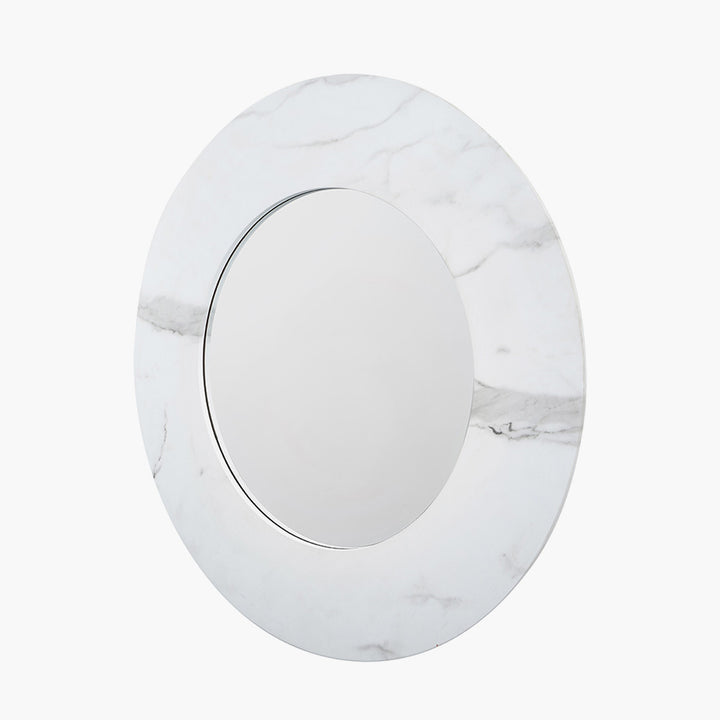 White Marble Effect Wood Veneer Round Wall Mirror