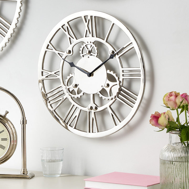 Silver Metal Cog Design Round Wall Clock